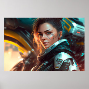 Frauen-Pilot in einer Stadt der Zukunft Poster