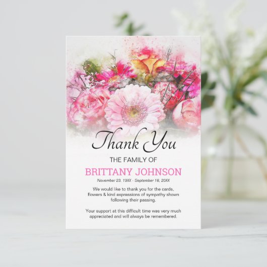 Frauen Pink Floral Beerdigung Dankeskarte (Stehend Vorderseite)