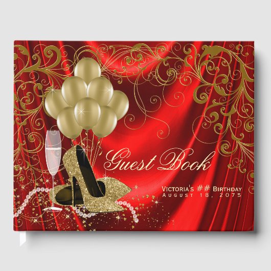 Frauen Red Gold Shoes Perlen Birthday Gästebuch (Vorderseite)