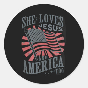 Frauen Retro Sie Lieben Jesus und Amerika zu USA 4 Runder Aufkleber