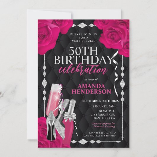 Frauen Rosa und Silber Geburtstag Einladung (Vorderseite)