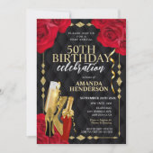 Frauen Rot und Gold zum Geburtstag Einladung (Vorderseite)