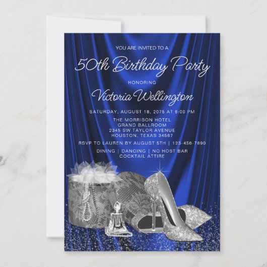 Frauen Royal Blue Silver Shoe beliebig Zahl Geburt Einladung (Vorderseite)