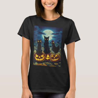 Frauen Schwarze Katze Hund Huhn Halloween Kürbis T-Shirt