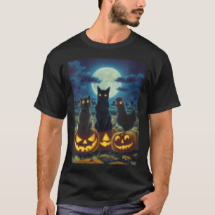 Frauen Schwarze Katze Hund Huhn Halloween Kürbis T-Shirt