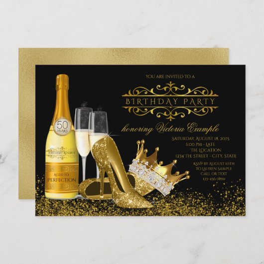 Frauen Schwarzes Gold High Heels Princess Birthday Einladung (Vorne/Hinten)