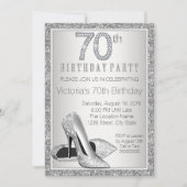 Frauen Silberner Glitzer High Heel Shoe 70. Geburt Einladung (Vorderseite)