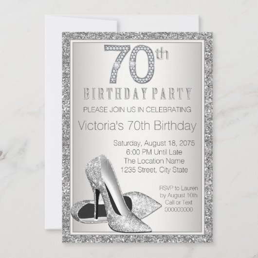 Frauen Silberner Glitzer High Heel Shoe 70. Geburt Einladung (Vorderseite)