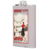 Frauen-Skifahrer, der Adelboden-Plakat übersieht Flachmann (Links)