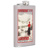 Frauen-Skifahrer, der Adelboden-Plakat übersieht Flachmann (Rechts)