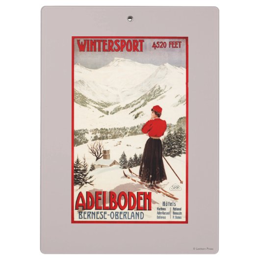Frauen-Skifahrer, der Adelboden-Plakat übersieht Klemmbrett (Rückseite)