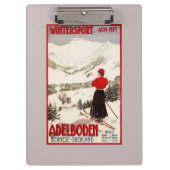 Frauen-Skifahrer, der Adelboden-Plakat übersieht Klemmbrett (Vorderseite)