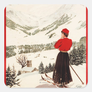 Frauen-Skifahrer, der Adelboden-Plakat übersieht Quadratischer Aufkleber
