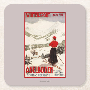 Frauen-Skifahrer, der Adelboden-Plakat übersieht Rechteckiger Pappuntersetzer