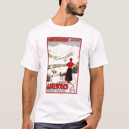 Frauen-Skifahrer, der Adelboden-Plakat übersieht T-Shirt (Vorderseite)