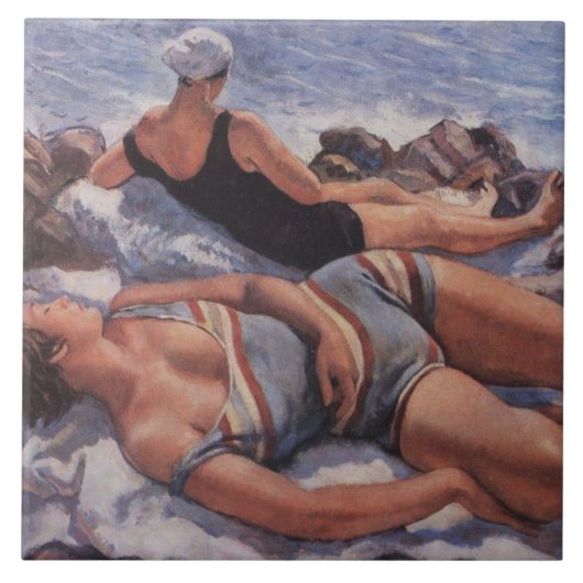 Frauen Sonnenbaden am Strand (von Serebriakova) Fliese (Vorderseite)