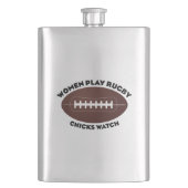 Frauen spielen Rugby, Hühner beobachten Flachmann (Vorderseite)