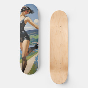 Frauen tanzen eine Landstraße entlang Skateboard