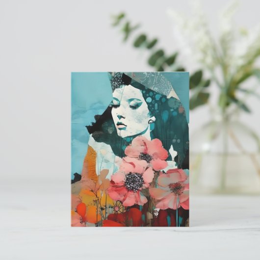 Frauen und Blume Abstrakte Collage Postkarte (Stehend Vorderseite)