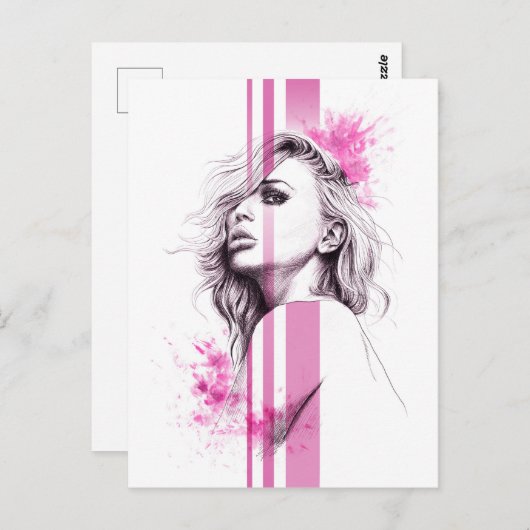 Frauenfarbenportrait Pink Fashion Illustration Art Postkarte (Vorne/Hinten)