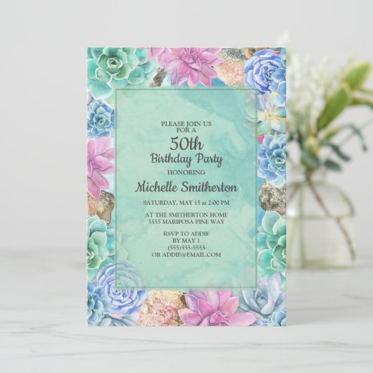Frauenfarbige Sukkulente 50. Geburtstag Einladung (Stehend Vorderseite)