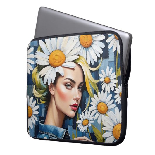 Frauengesicht mit Daisies und Denim Patchwork Laptopschutzhülle (Vorderseite Links)