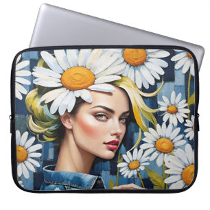 Frauengesicht mit Daisies und Denim Patchwork Laptopschutzhülle