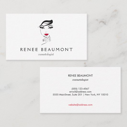 Frauengesicht mit Roten Lippen Elegant Weiß Visitenkarte (Vorne/Hinten)