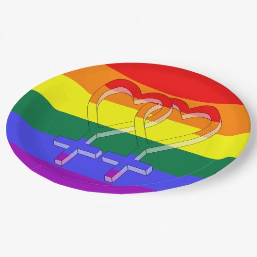 Frauenpaarstypsymbole Regenbogenfarben Pappteller (Schrägansicht)
