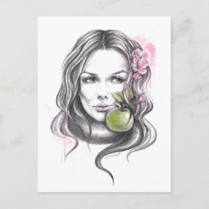 Frauenportrait mit Apfel und Blüte Surreale Kunst Postkarte