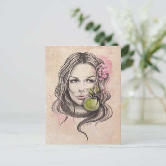 Frauenportrait mit Apfel und Blüte Surreale Kunst Postkarte (Stehend Vorderseite)