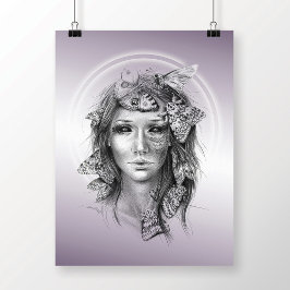 Frauenportrait mit Moths surrealer Bleistiftkunst Poster