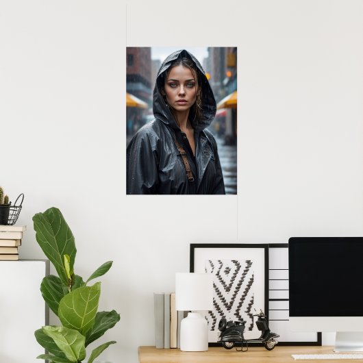 Frauenportrait mit Regenmantel stehend auf der Str Poster (Heimbüro)
