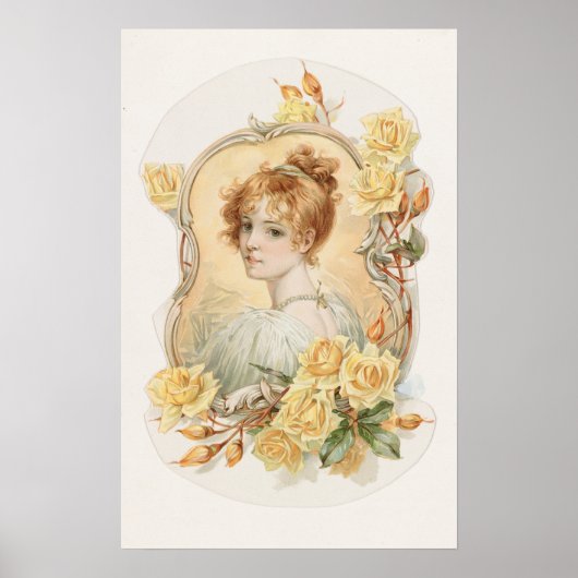 Frauenportrait umrahmt mit Gelben Rosen Poster (Vorne)