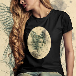 Frauenportrait Vogelschädel und Flügel Surreale Ku T-Shirt