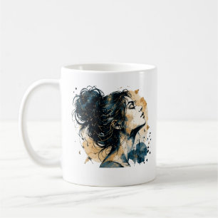 Frauenporträt in Blau und Gold – Aquarell Kaffeetasse