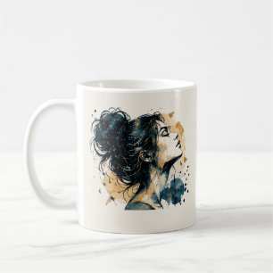 Frauenporträt in Blau und Gold – Aquarell Kaffeetasse