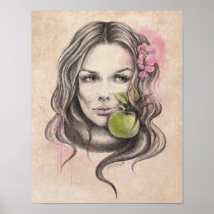 Frauenporträt mit Apfel und Blüte Surrealistische Poster