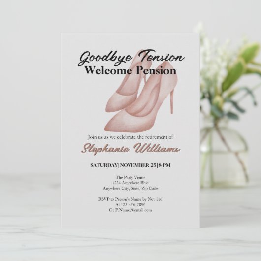 Frauenruhestand Auf Wiedersehen Heels des Tension  Einladung (Stehend Vorderseite)