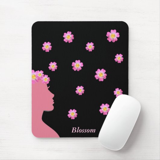 Frauensilhouette, rosa Blumen und Text auf Schwarz Mousepad (Mit Mouse)