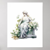 Frauenstatue im Garten Wasserfarben Weiße Flora Poster (Vorne)
