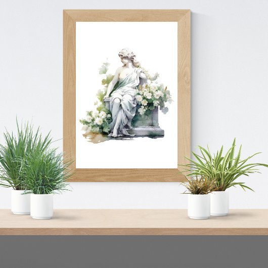 Frauenstatue im Garten Wasserfarben Weiße Flora Poster