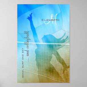 Frauenvolleyball am Strand und Surfhimmel Poster