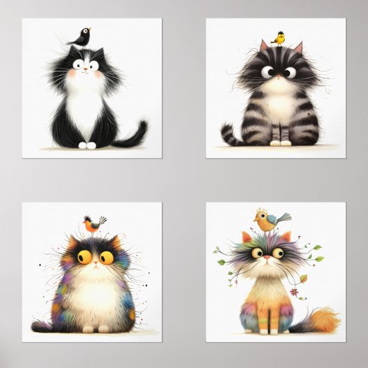 Frazzle Katzen mit Bird Watercolor Wanddrucken Bilderwand Sets (Vorderseite)
