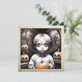 Freaky Child mit Big Eyes und Pumpkins Halloween Einladung (Stehend Vorderseite)