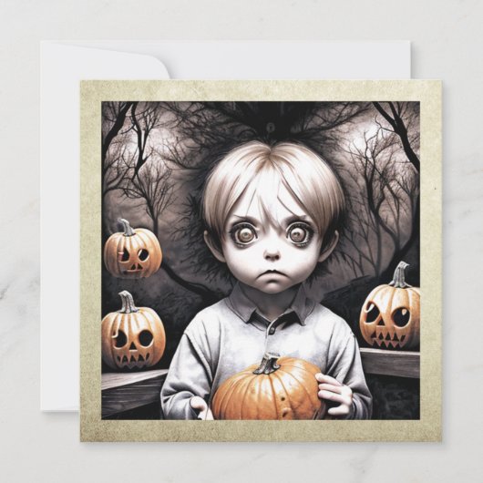 Freaky Child mit Big Eyes und Pumpkins Halloween Einladung (Vorderseite)