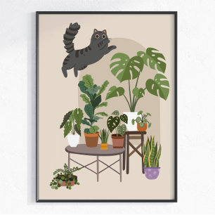 Freche Graue Getigerte Katze & Monstera Dschungel Poster