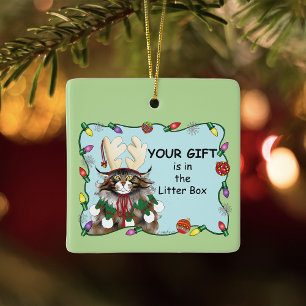 Freche Weihnachtskatze Humor Maine Coon Grün Lust Keramikornament
