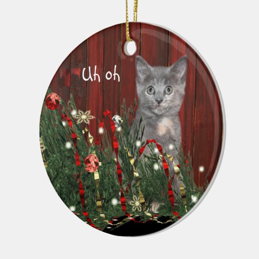 Freche WeihnachtsMiezekatze Keramik Ornament (Links)