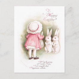 Freche weiße Osterhasen und Mädchen im rosa Kleid Feiertagspostkarte
